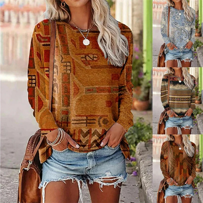 Women's Printed Long-sleeved Pullover Round Neck Top