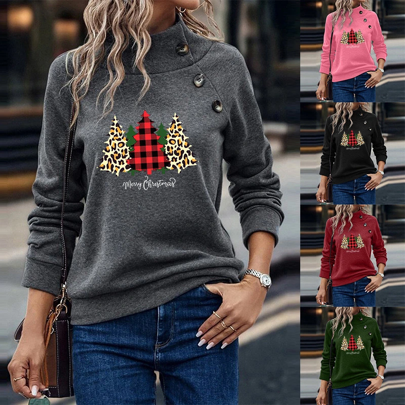Round Neck Button Loose Long Sleeve Sweatershirt Women