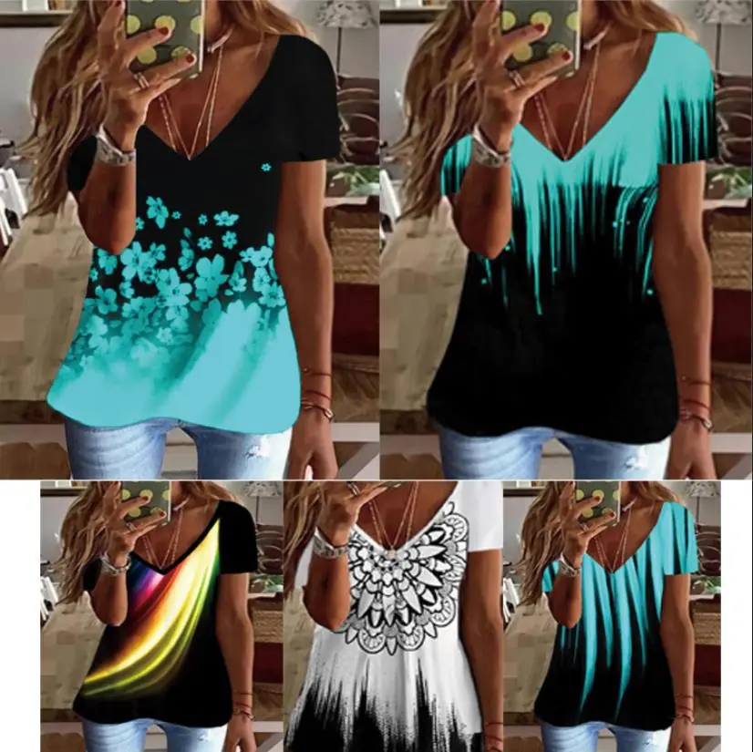 Stand Temperament Commute V-neck Short Sleeve Loose Pullover Print Mid-length T-shirt
