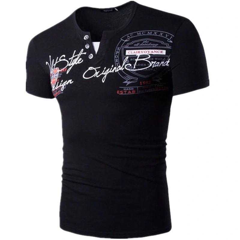 Men's V-neck T-shirt European And American Fake Two Pieces Letter Print Short-sleeve
