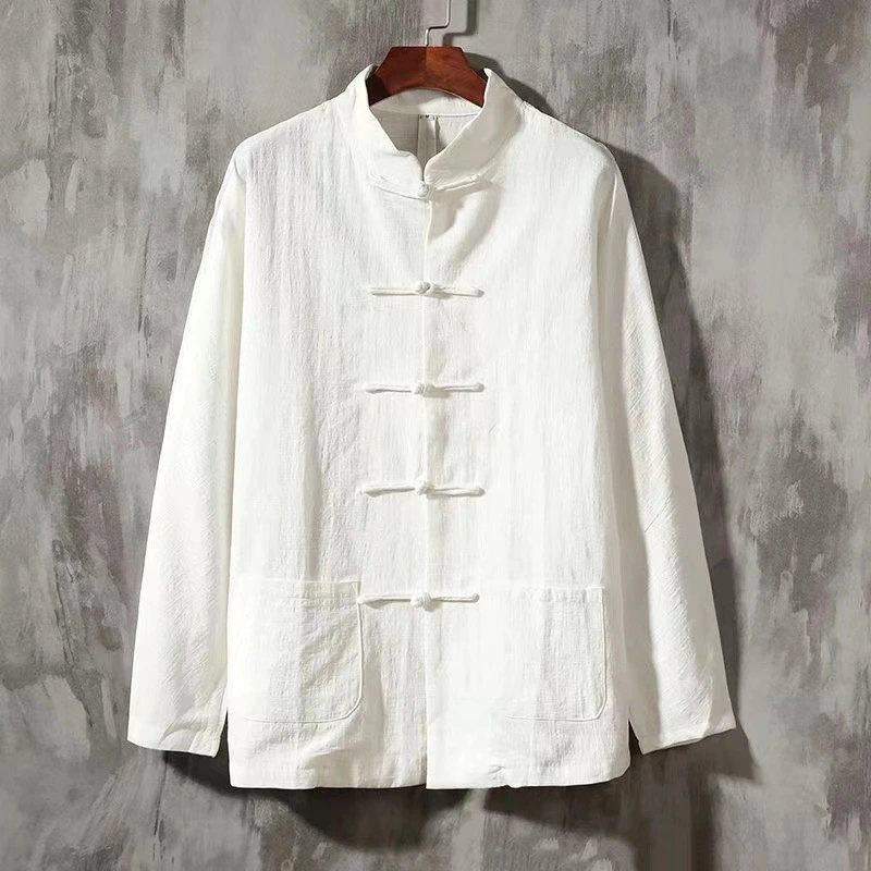 Men's Retro Buckle Cotton Linen Long Sleeve Blouse