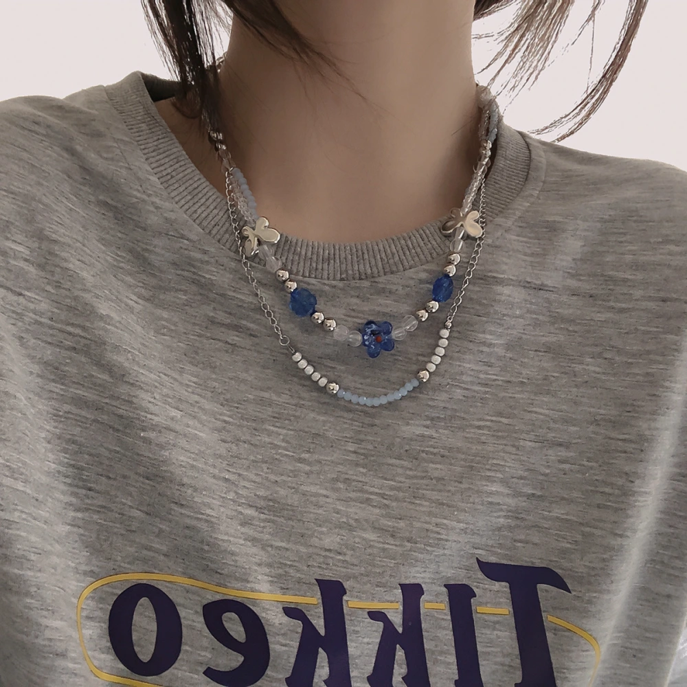 Special-interest Design Double-layer Stacked Dyke Lein Blue Flower Butterfly Transparent Necklace For Women