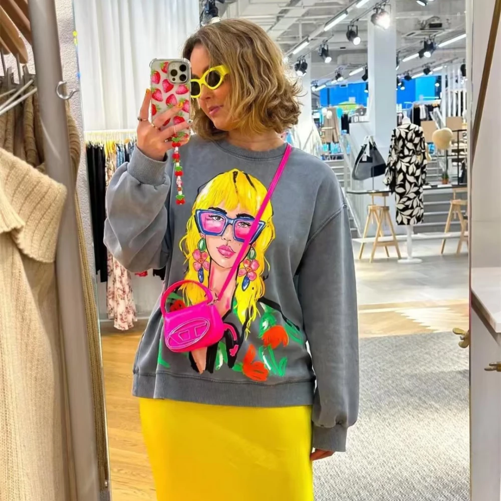 Women's Fashion Loose Washed-out Printing Color Contrast Ribbed Trimmings Sweater