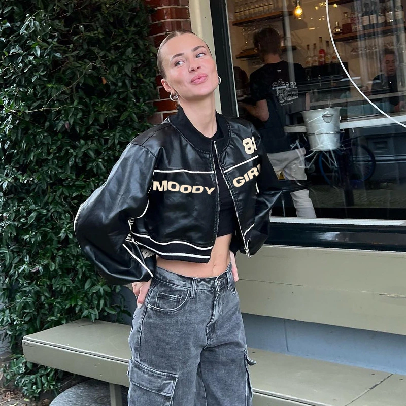 Street Motorcycle Style Letter Print Leather Jacket Women Zipper Cardigan Round Neck Short Jacket