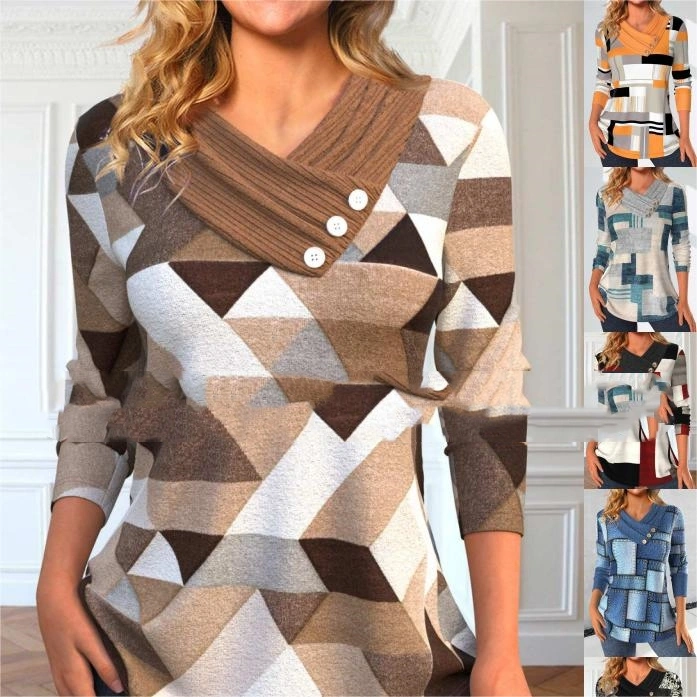 Three-button V-collar Contrast Color Long-sleeved Sweater