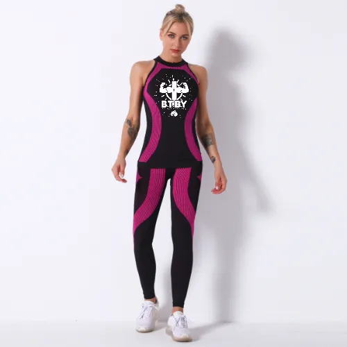 BTBY Two-piece Seamless Knitted Striped Sports Yoga Wear Vest