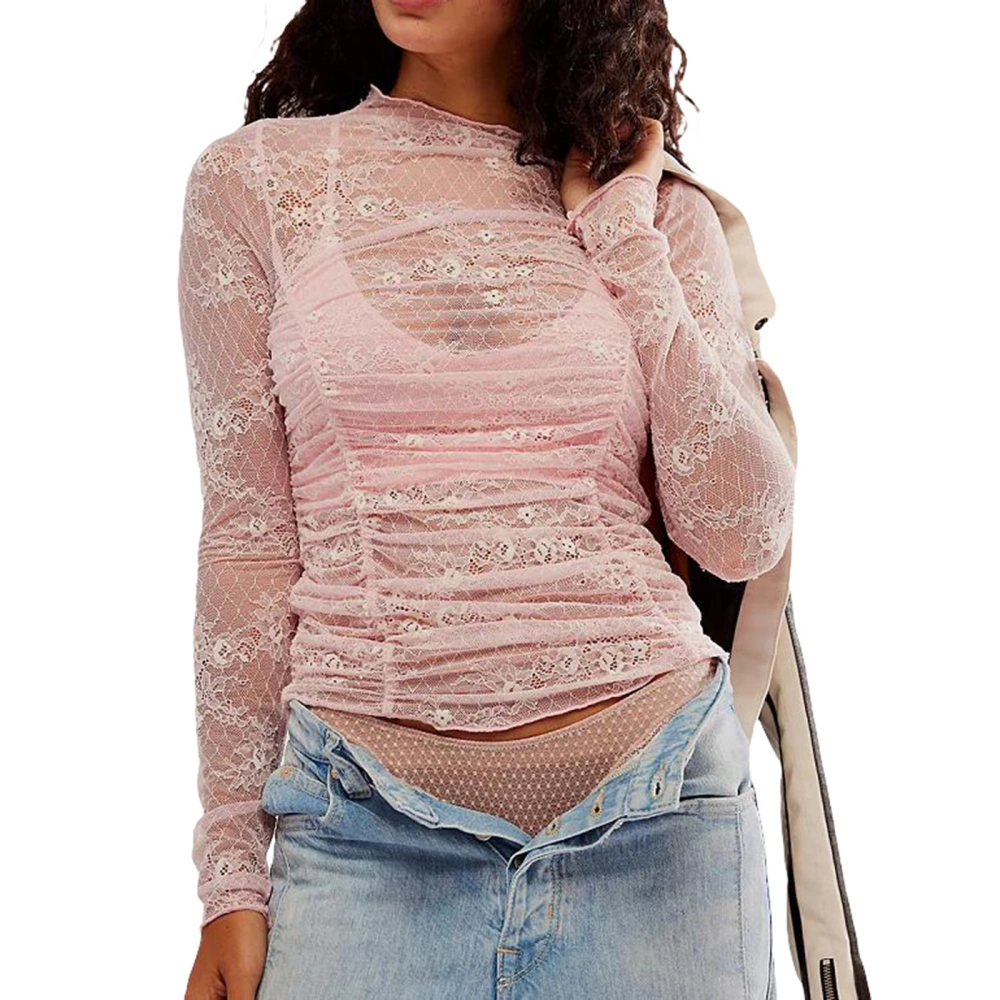 Women Long Sleeve Tops Sheer Floral Lace Ruched Basic Shirt Pullover