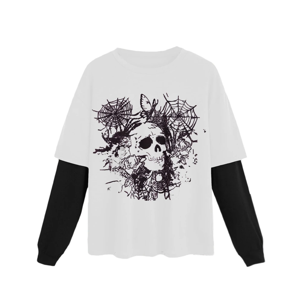 Women's Casual Gothic Tops Skull Print Long Sleeve Grunge T-Shirts