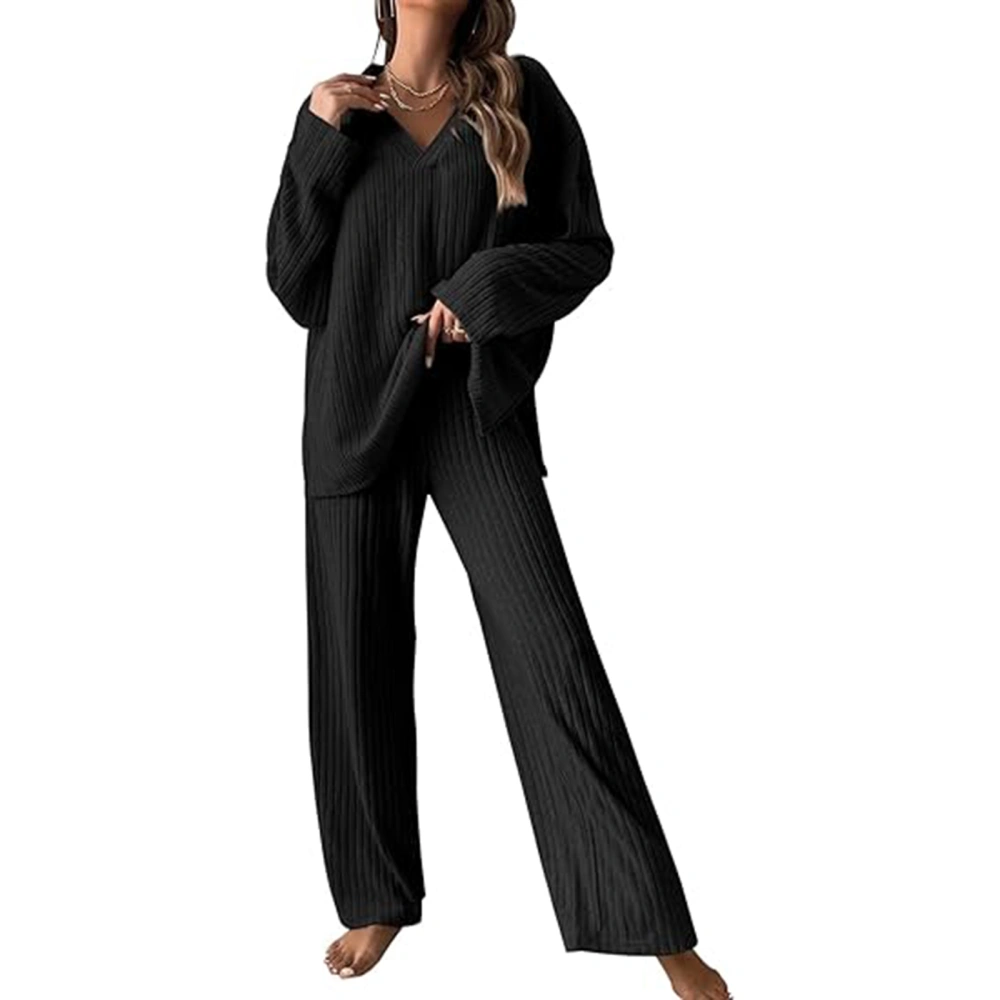 Women’s Two Piece Pajamas Set Long Sleeve Knit Lapel Tops and Pants