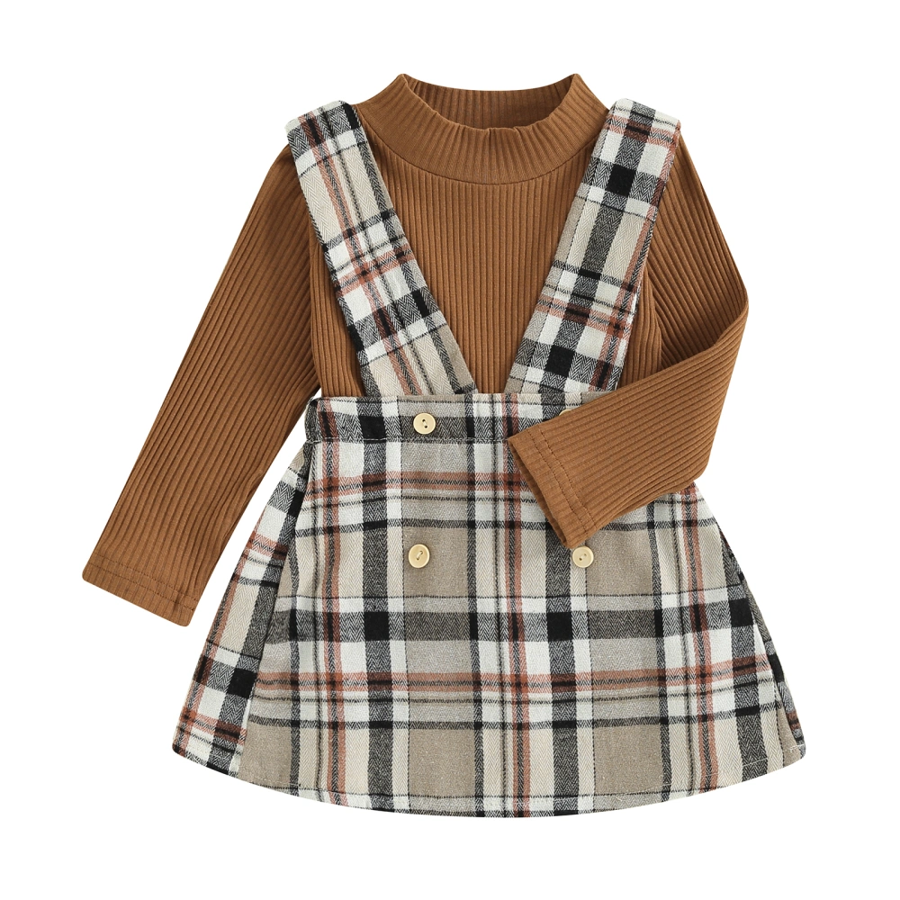 Girls Solid Color Long Sleeve Ribbed Tops Plaid Suspender Skirt Set