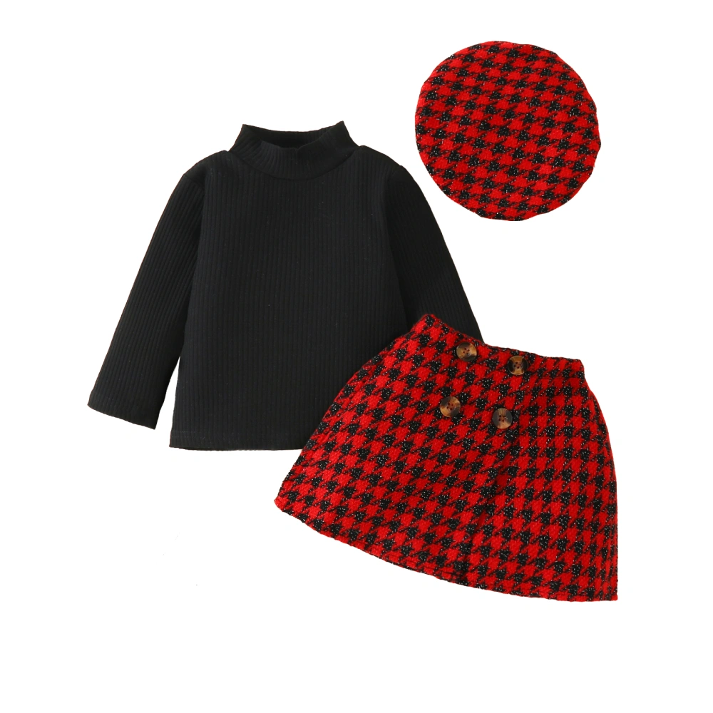 Baby Girl 3Pcs Fall Outfits Mock Neck Tops + Houndstooth Skirt + Hat