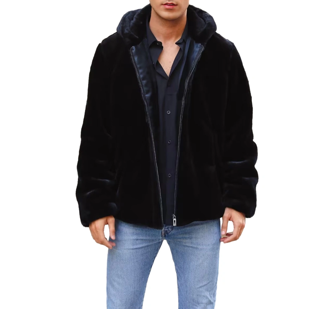 Men's Autumn Winter Black Long Sleeve Hooded Zipper Jacket Outerwear