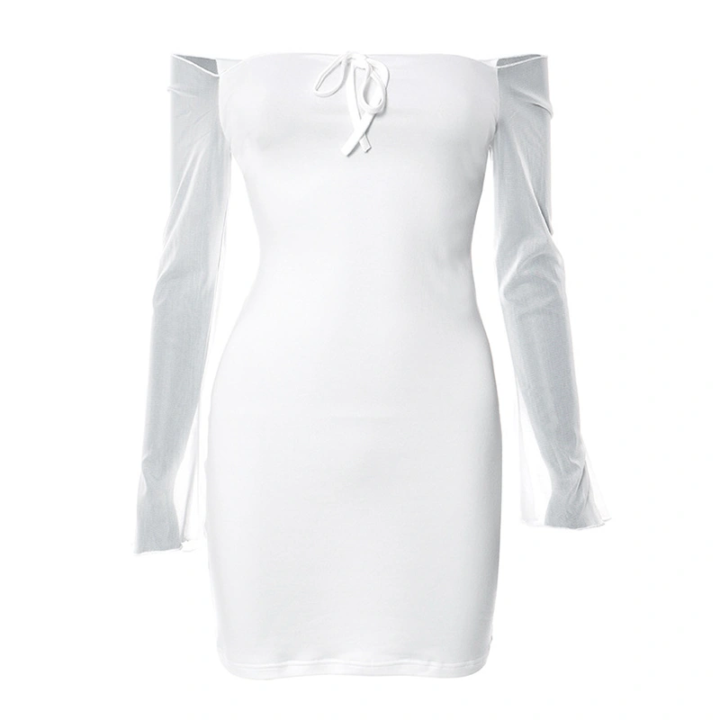 Women Mini Bodycon Dress Solid Color Tie-Up Boat Neck Party Dress