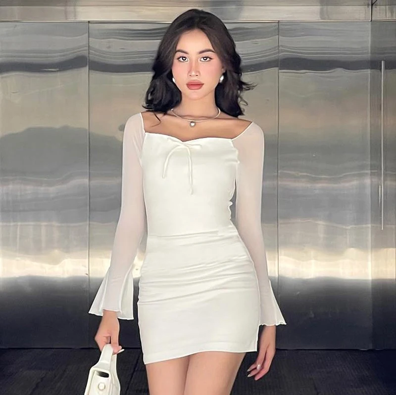 Women Mini Bodycon Dress Solid Color Tie-Up Boat Neck Party Dress