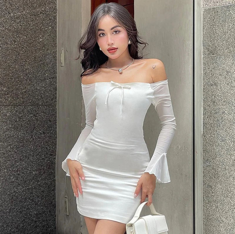 Women Mini Bodycon Dress Solid Color Tie-Up Boat Neck Party Dress