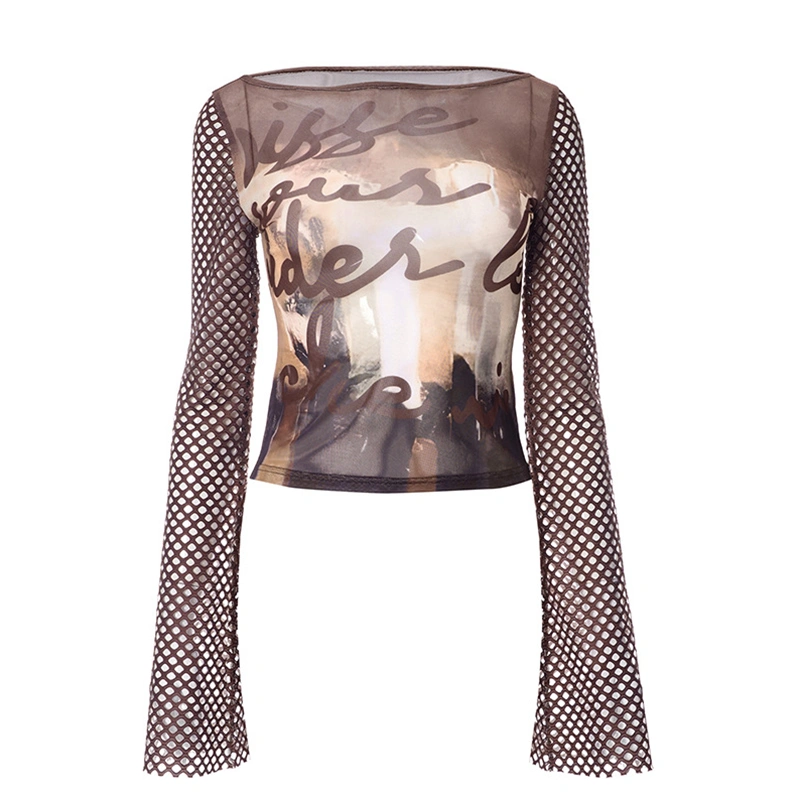 Women's Long Hollow Sleeve Pattern Print Fashion Mesh T-shirt