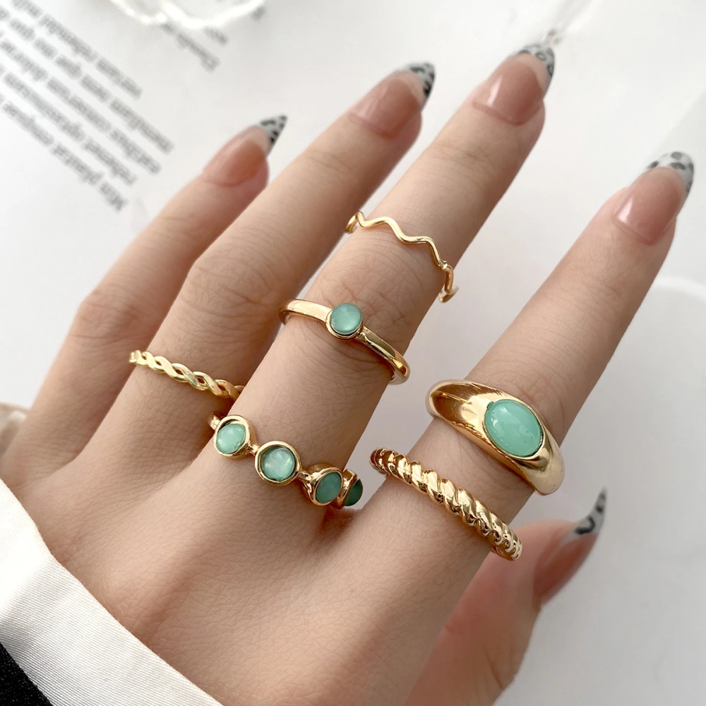 Boho Vintage Gold Geometric Emerald Statement Ring Set