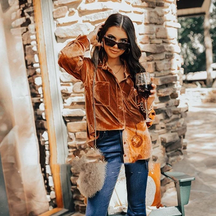 Velvet Elegant Lapel Loose Long Sleeve Shirt