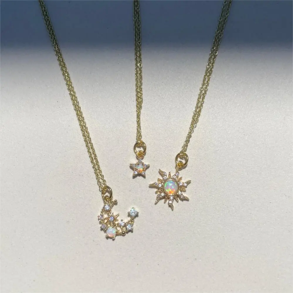 Natural Opal Starry Sky Sun Moon Zircon Necklace