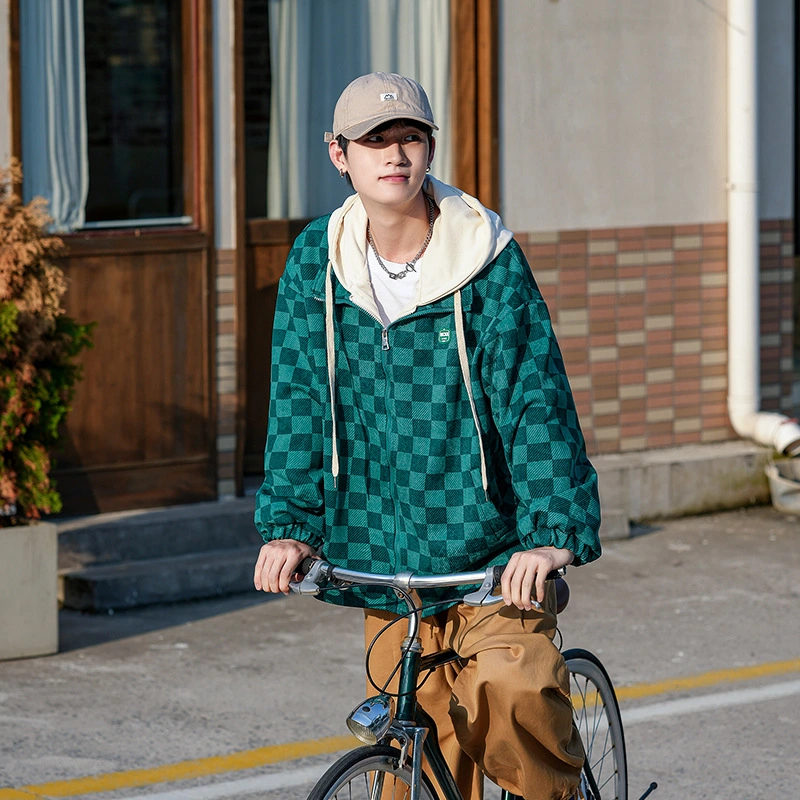 Men's Chessboard Plaid Printed Hooded Loose Casual Jacket