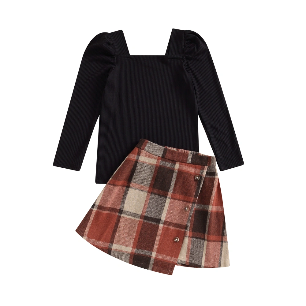 Girls Autumn Black Long Sleeve Ribbed Tops Button Plaid Skirt Set