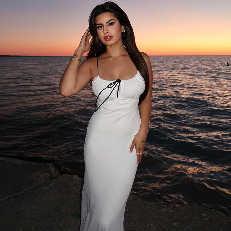 Women Slip Dress, Spaghetti Straps Backless Tie-up Summer Long Dress