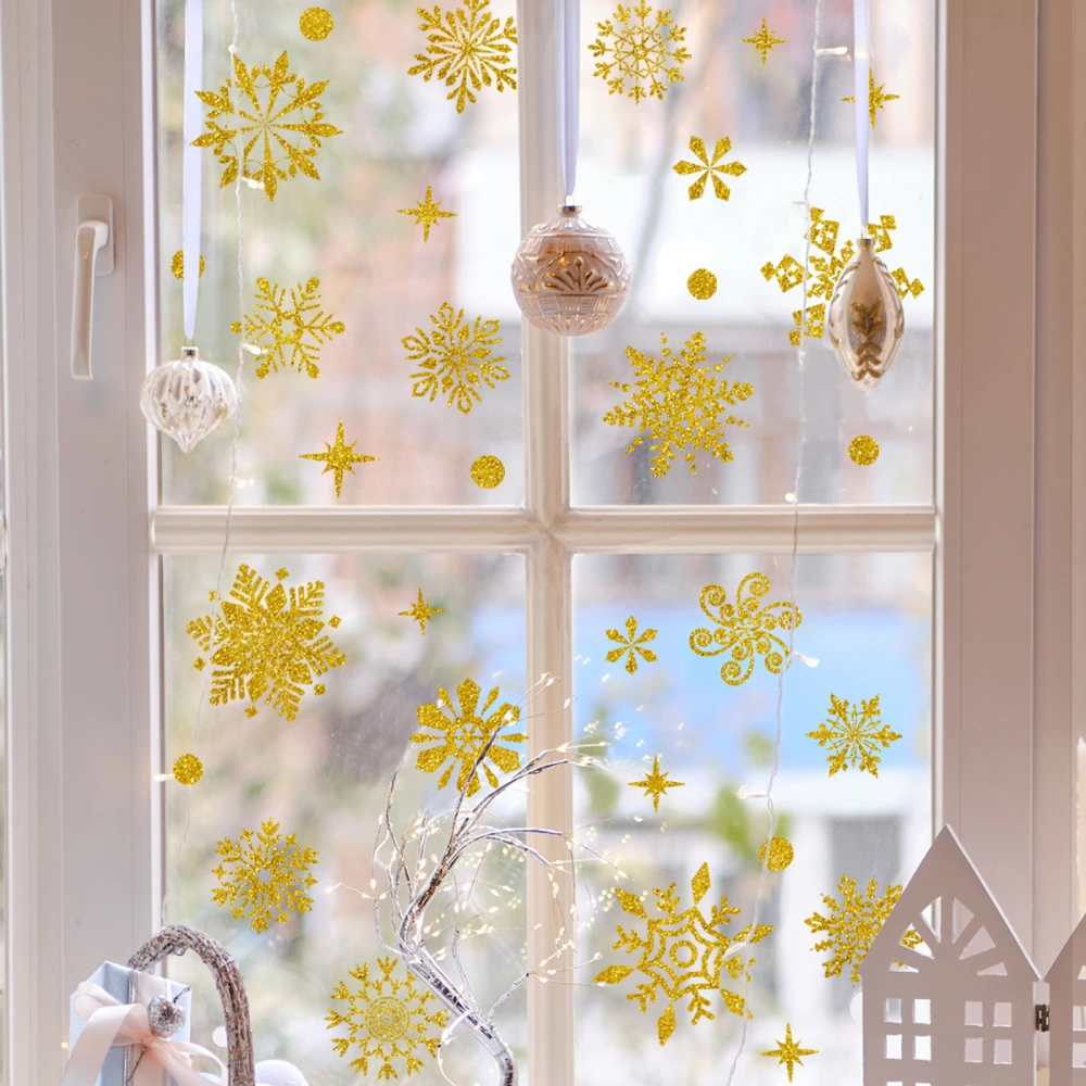 Christmas Wall Stickers Gold Leaf Glitter Snowflake Wall Stickers