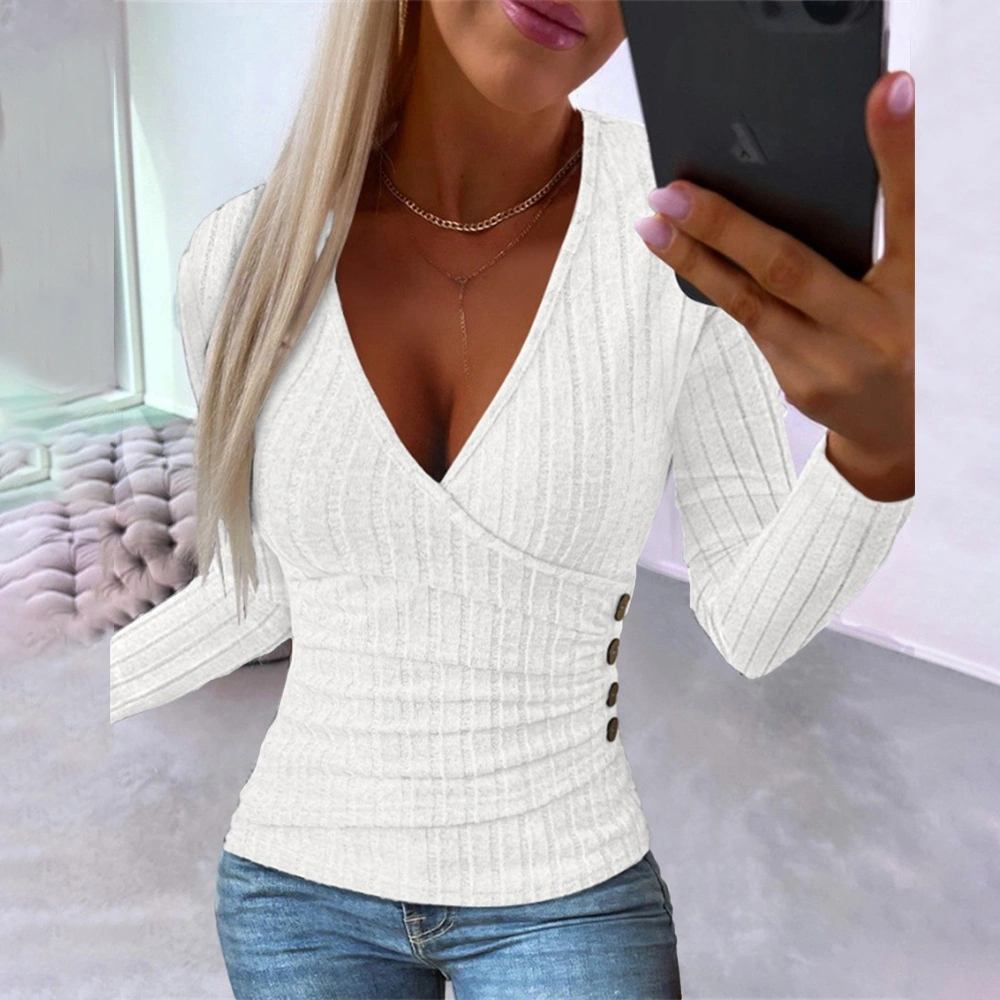 Women Ribbed V Neck Wrap Tops Ladies Slim Long Sleeve Pullover Jumper T-Shirt Clothing