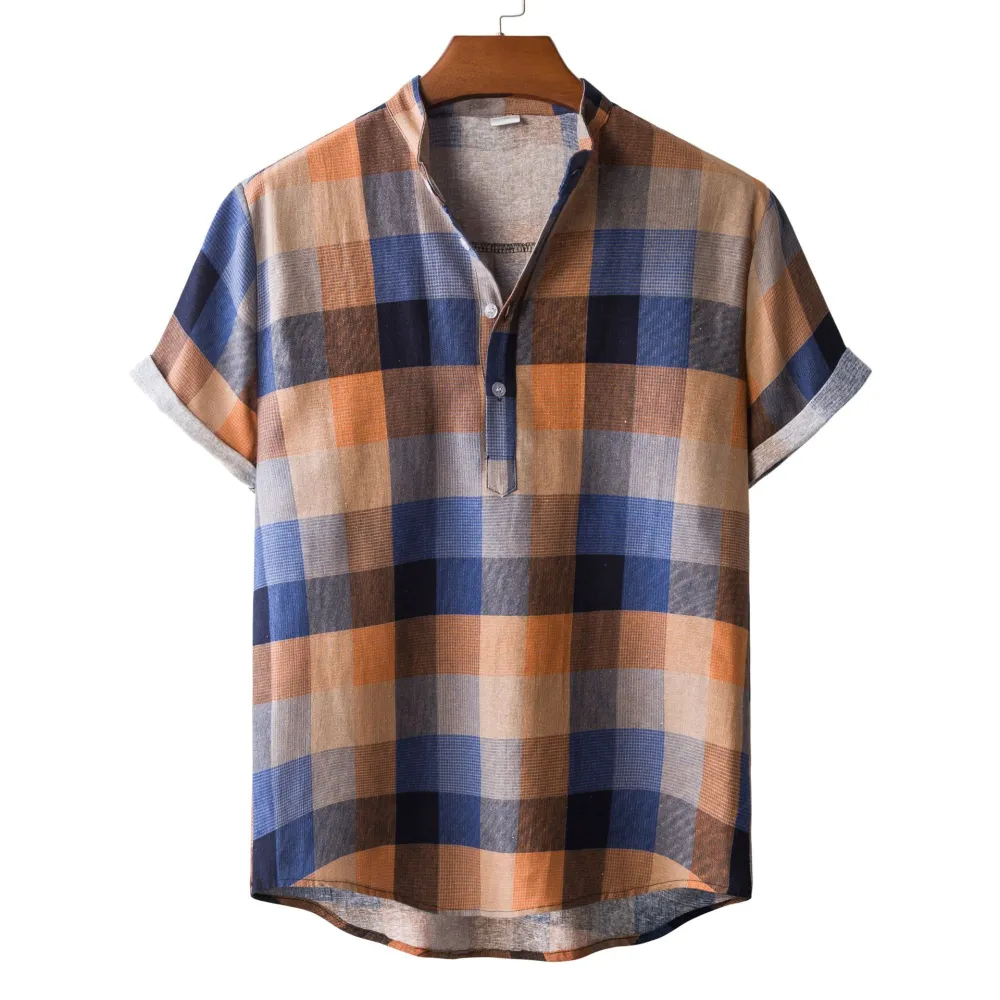 Men's Shirt Short Sleeve Floral Linen Fabric Trendy Stand Collar