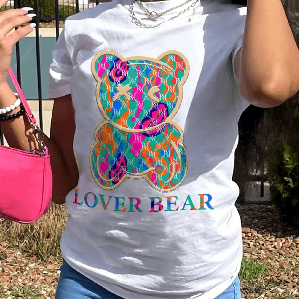 Plus Size Women's Loose Top Crew Neck T-shirt Short Sleeves T-shirt Bear Print Top
