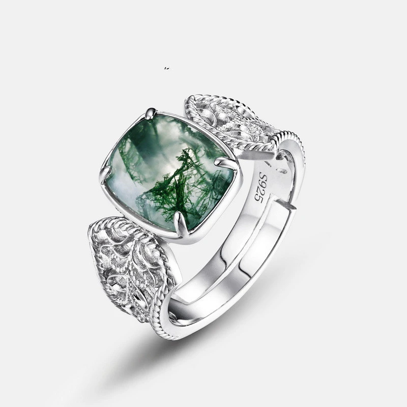 Silver Green Moss Ring Female Water Plants Agate Finger Ring