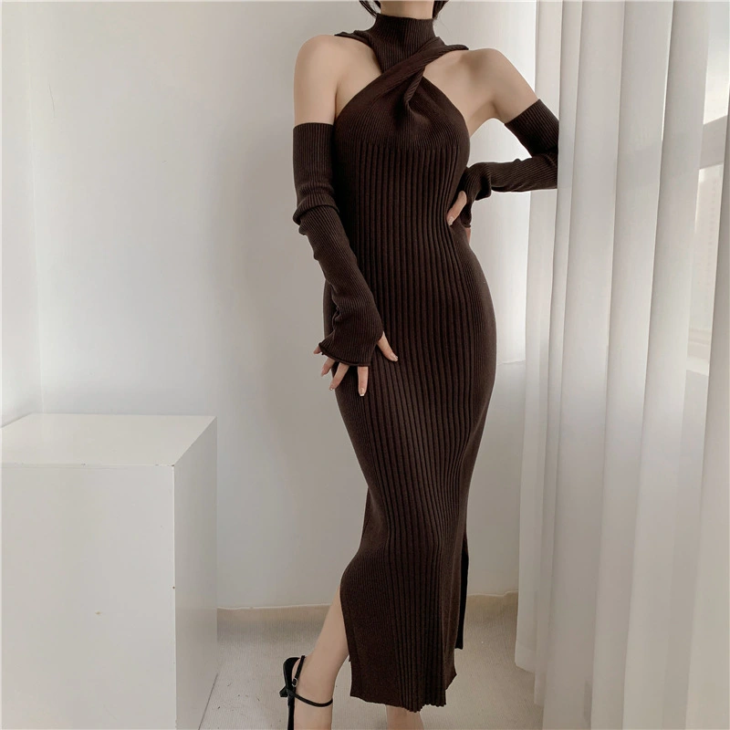 Wear High-grade French Off-shoulder Knitted Dress Women's Cold Half Turtleneck Split Sheath Long Skirt