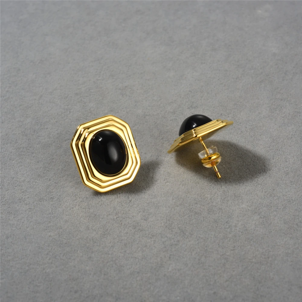 Copper Plating 18K Real Gold Inlaid Black Agate Square Stud Earrings Eardrops Earrings