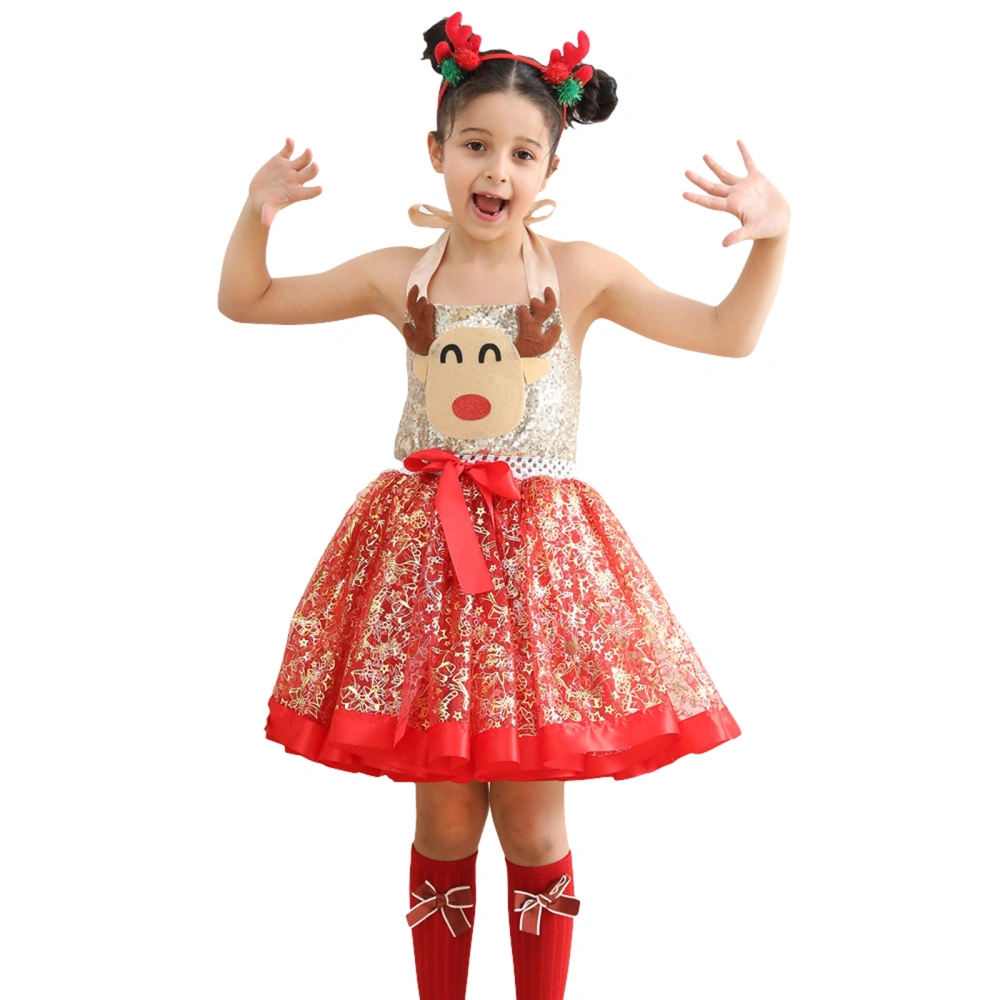 Kids Girls Christmas Costume Cute Reindeer Mesh Dress and Headbands