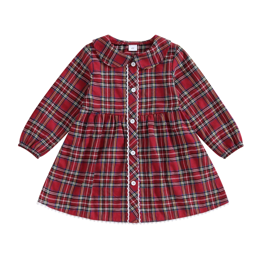 Kids Girl Christmas Long Sleeves Dress Casual Plaid Print A-Line Dress