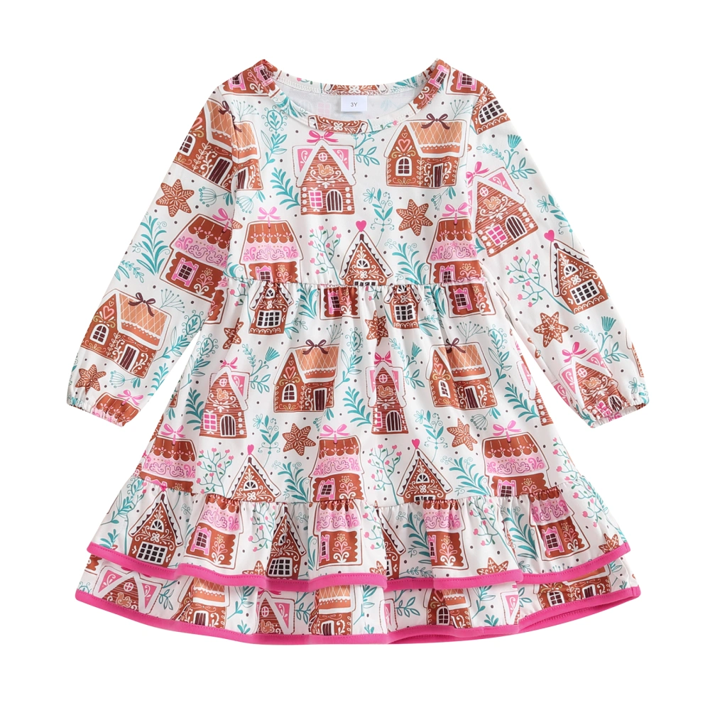 Girl Christmas Dress, Cartoon Cake Print Long Sleeve A-Line Dress 