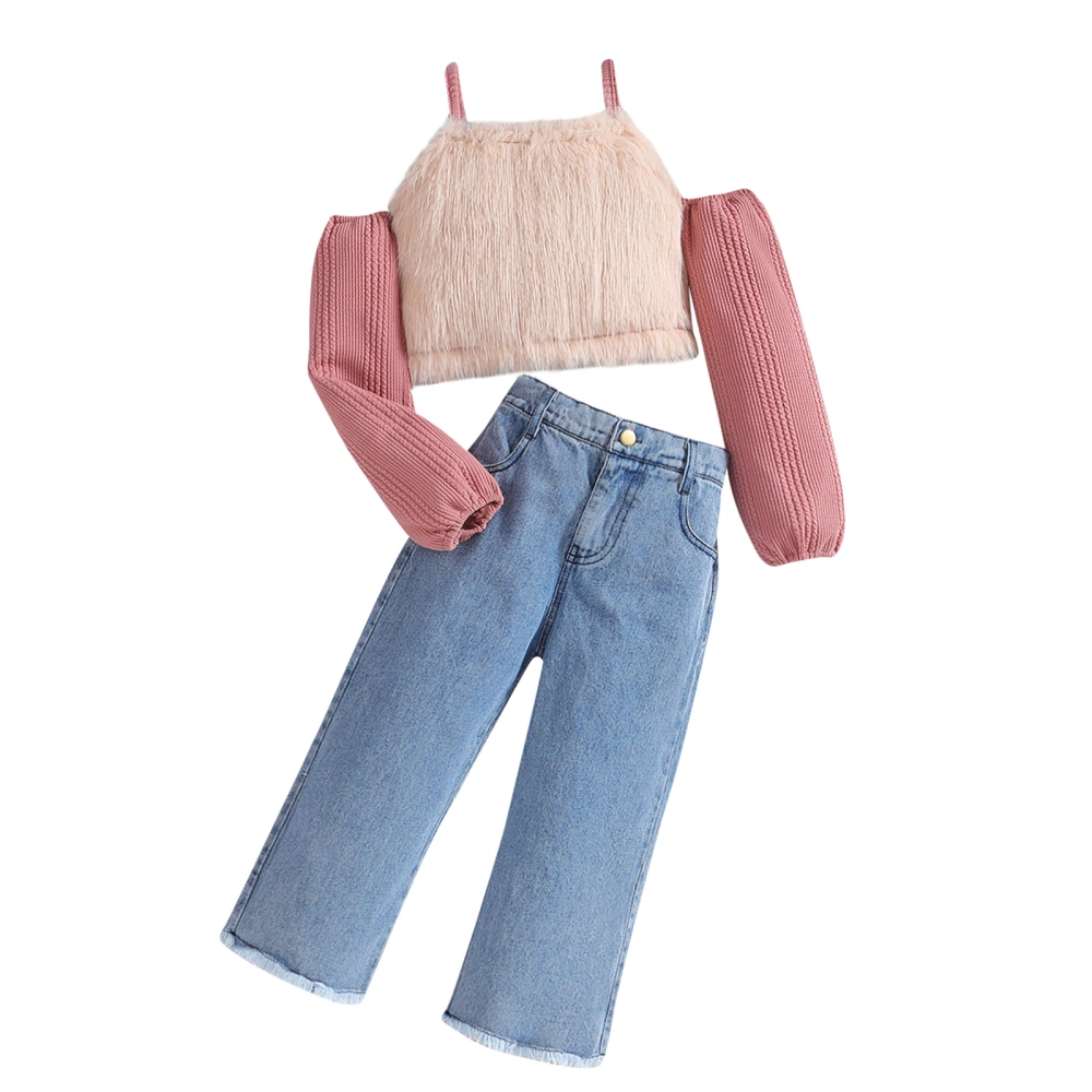 Kids Girls Fall Outfits Faux Fur Patchwork Tops Jeans Denim Pants