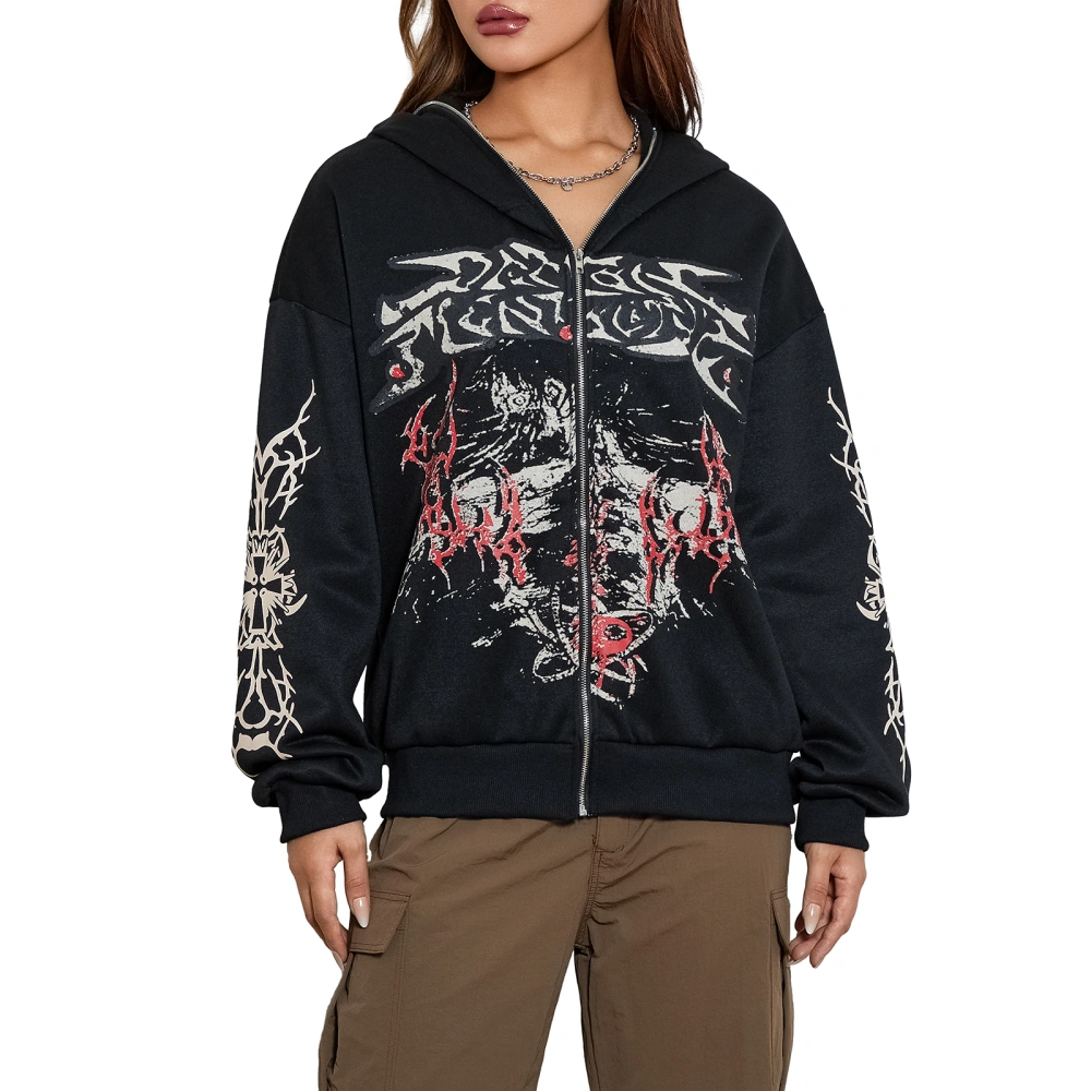 Women Full Zip Hoodies Gothic Print Long Sleeve Sweatshirt Jacket