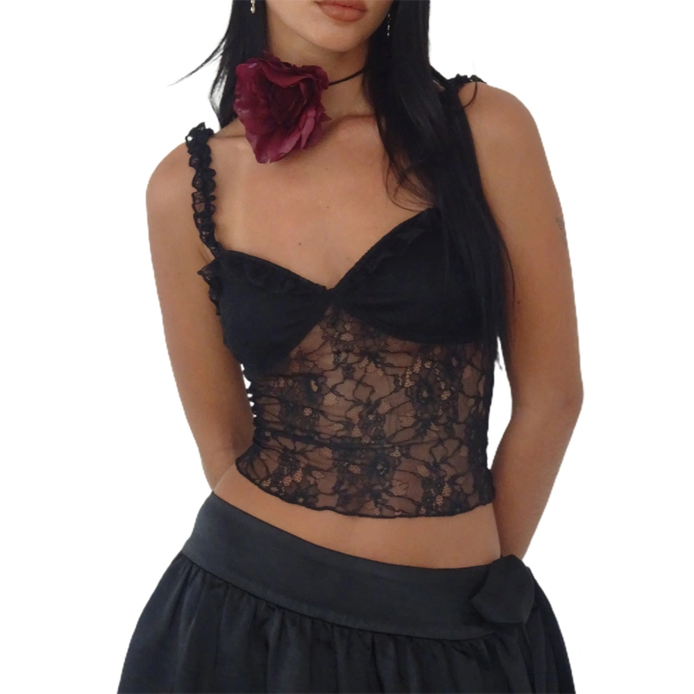 Women's Black Sleeveless Open Back Lace Floral Cropped Vest Tops