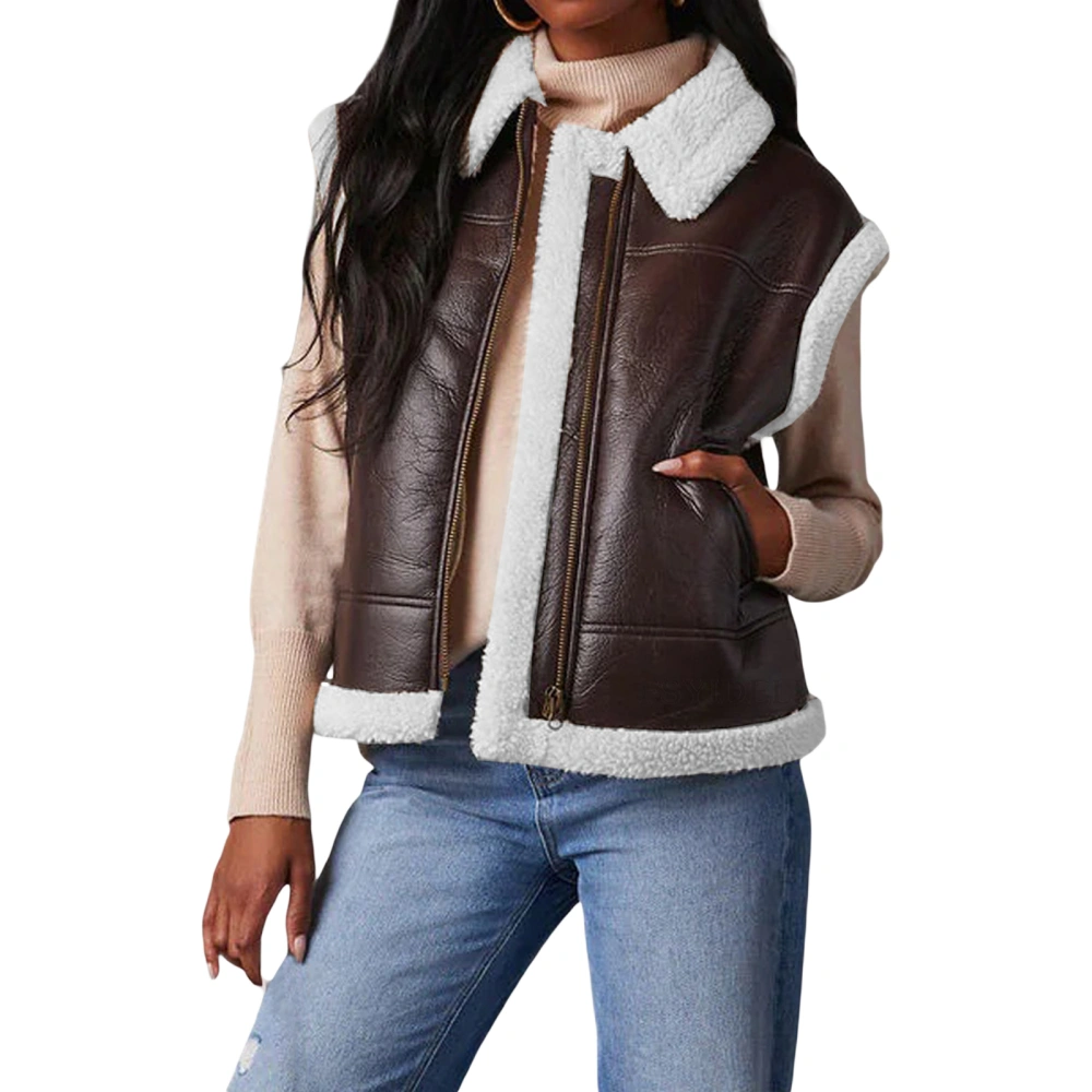 Women's Patchwork PU Leather Vest Turn-Down Collar Zipper-Up Waistcoat