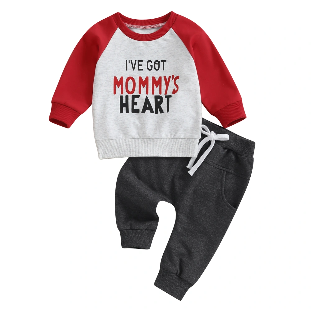 Boy Long Sleeve Letter Print Pullover and Black Drawstring Pants Set