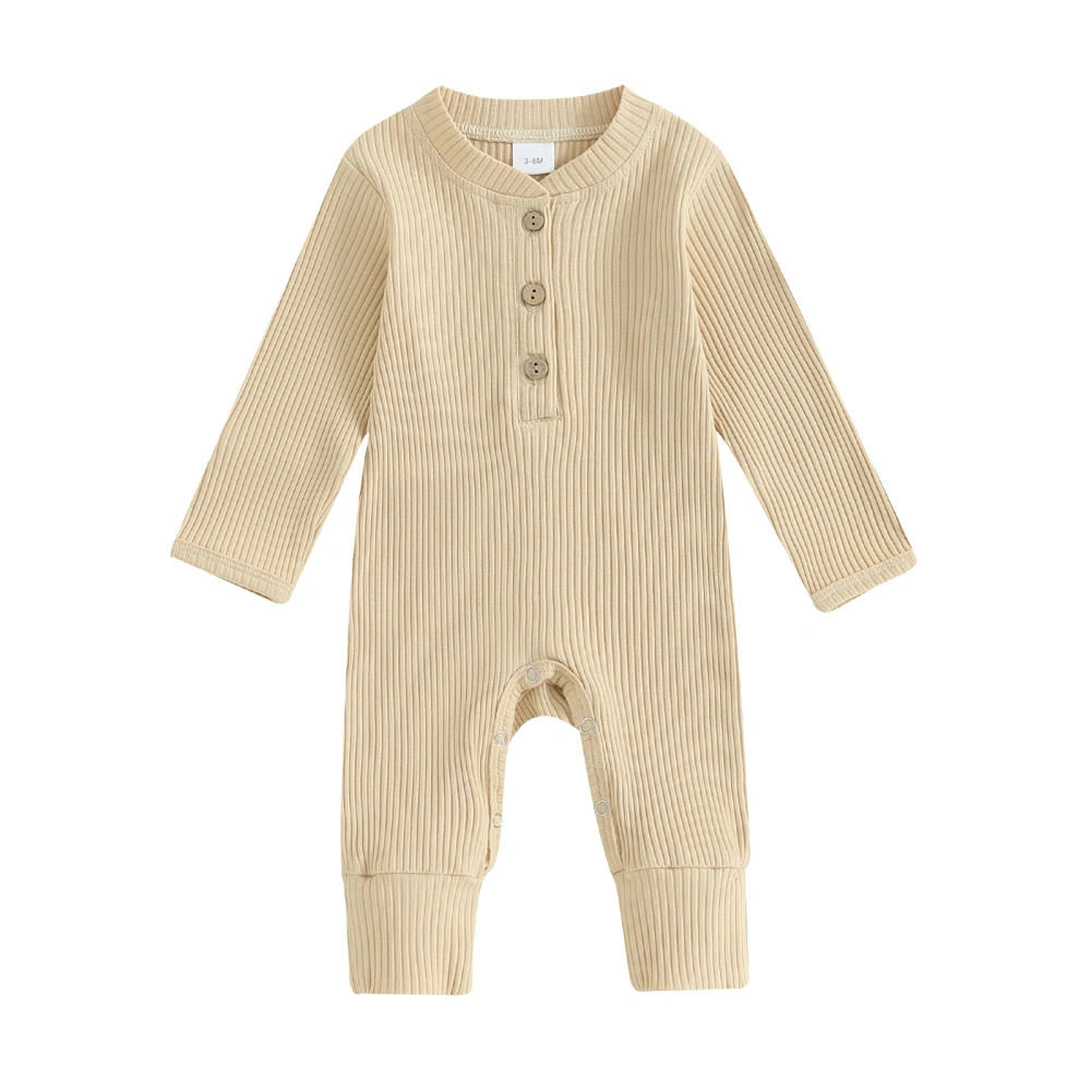 Baby Boys Solid Color Long Sleeve Crew Neck Ribbed Button Jumpsuit