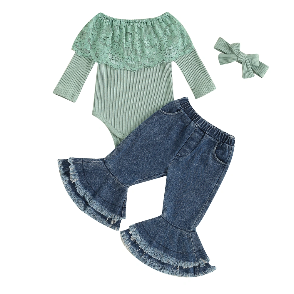 Girls 3 Piece Outfits Lace Patchwork Romper and Denim Pants Headband