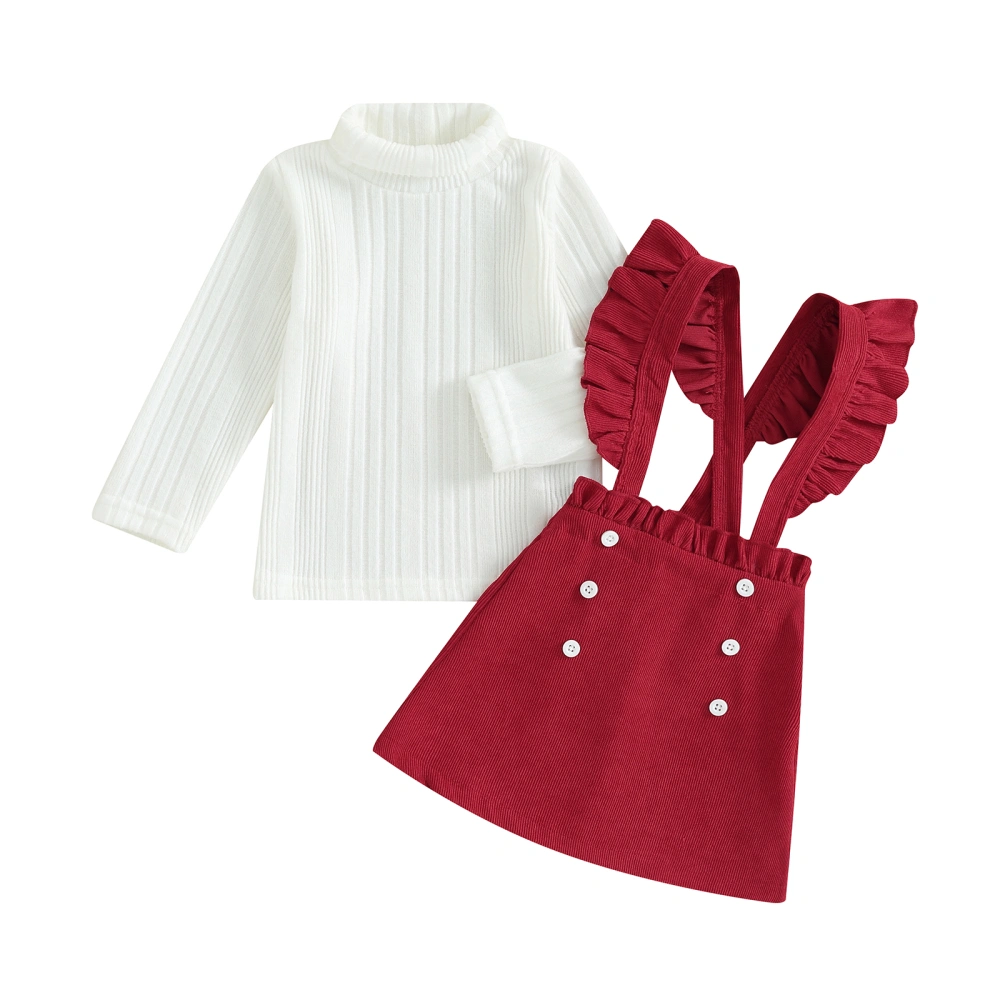 Girl Two Piece Outfit Turtleneck Tops and Corduroy Suspender Skirt