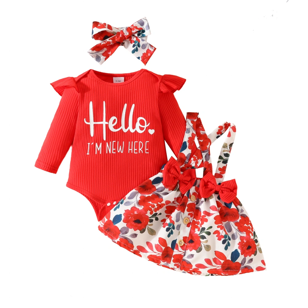 Girl Letter Long Sleeve Romper with Flower Suspender Skirt Headband