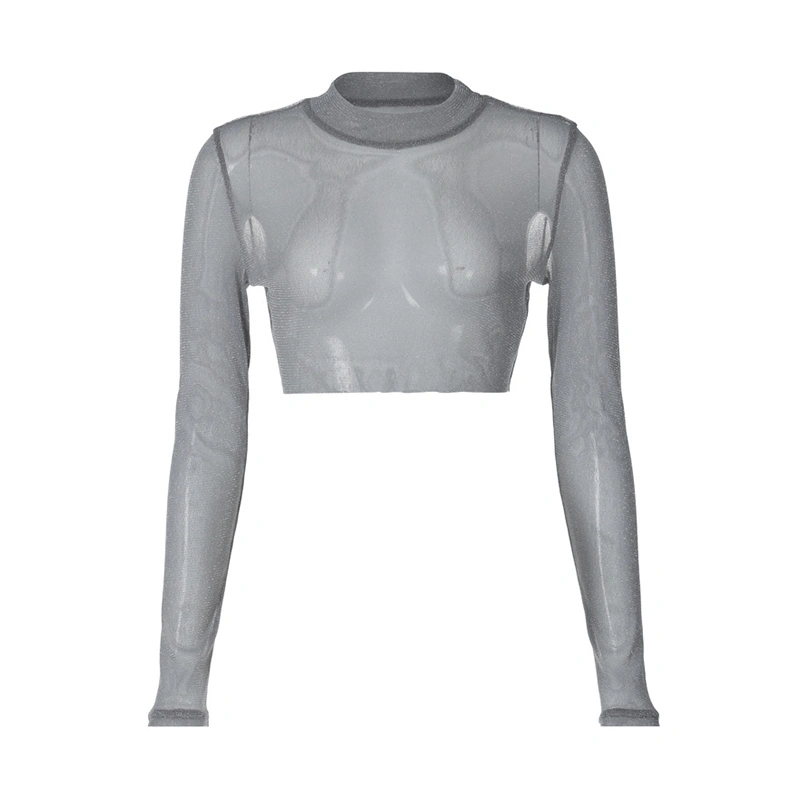 Women's Mesh Sheer Cropped Tops Shine Solid Color Long Sleeve T-Shirt