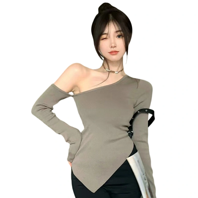 Women's Asymmetrical Knit Tops Off One Shoulder Long Sleeve T-Shirts