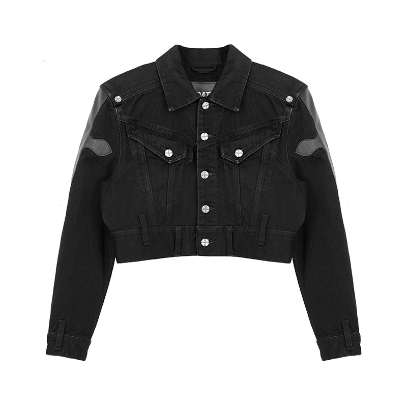 Loose Leisure All-matching Leather Patchwork Short Denim Coat