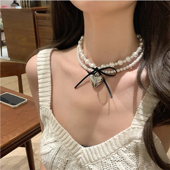 Sweet Cool Style Ribbon Bow Love Double-layer Pearl Necklace Women