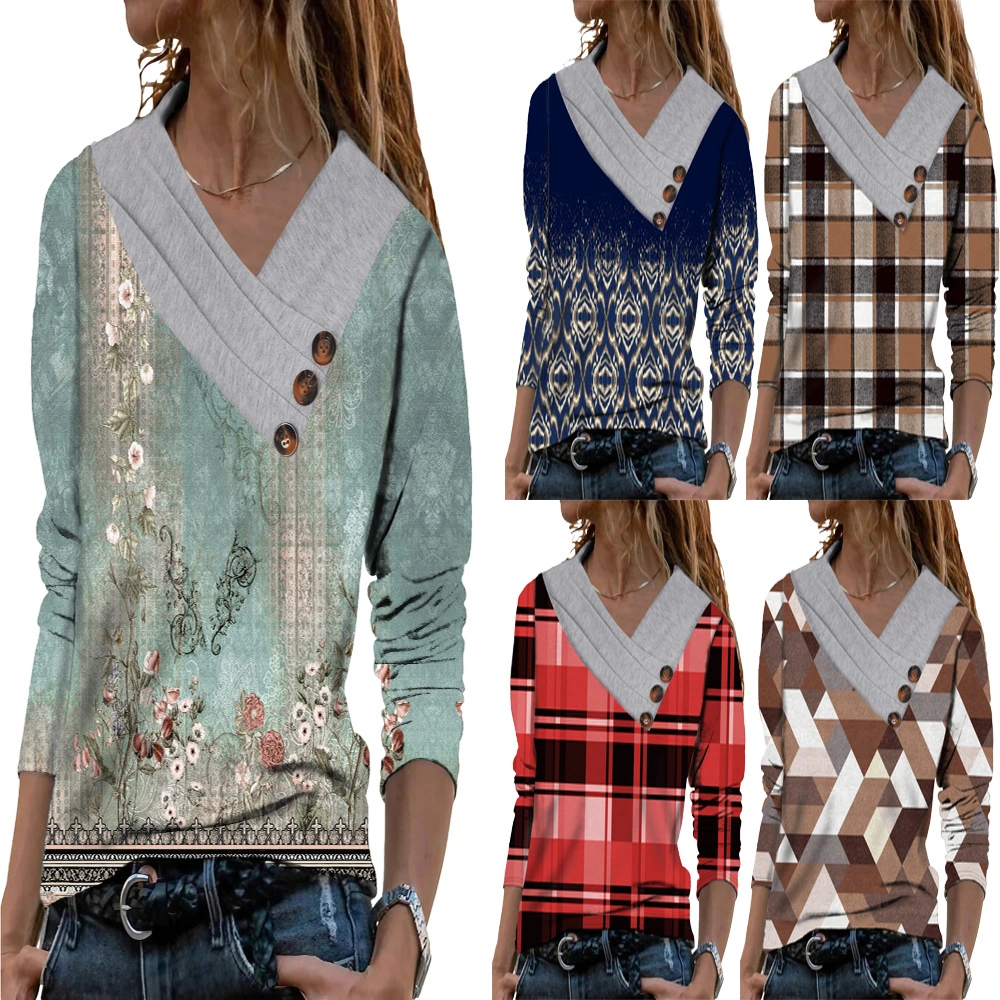 Women Scarf Collar T-shirt With Long Sleeves Hoodie Button Top